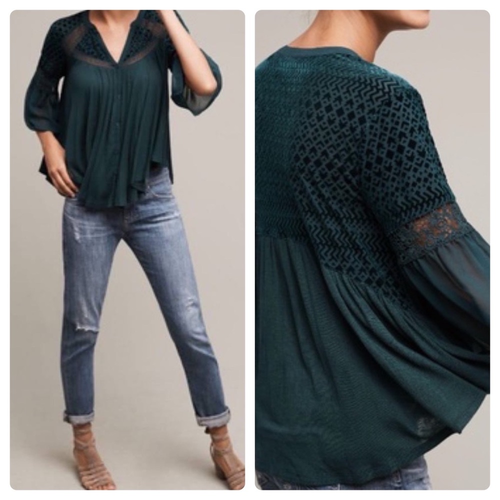 Anthropologie Teal Lace Detail Blouse